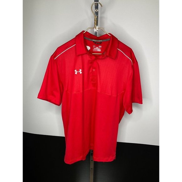 LARGE Loose Fit Under Armour Bright Red Golf Polo SS Shirt Mens - Picture 2 of 5